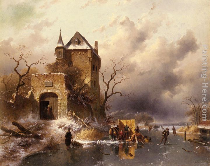 Skaters on a Frozen Lake by the Ruins of a Castle painting - Charles Henri Joseph Leickert Skaters on a Frozen Lake by the Ruins of a Castle art painting